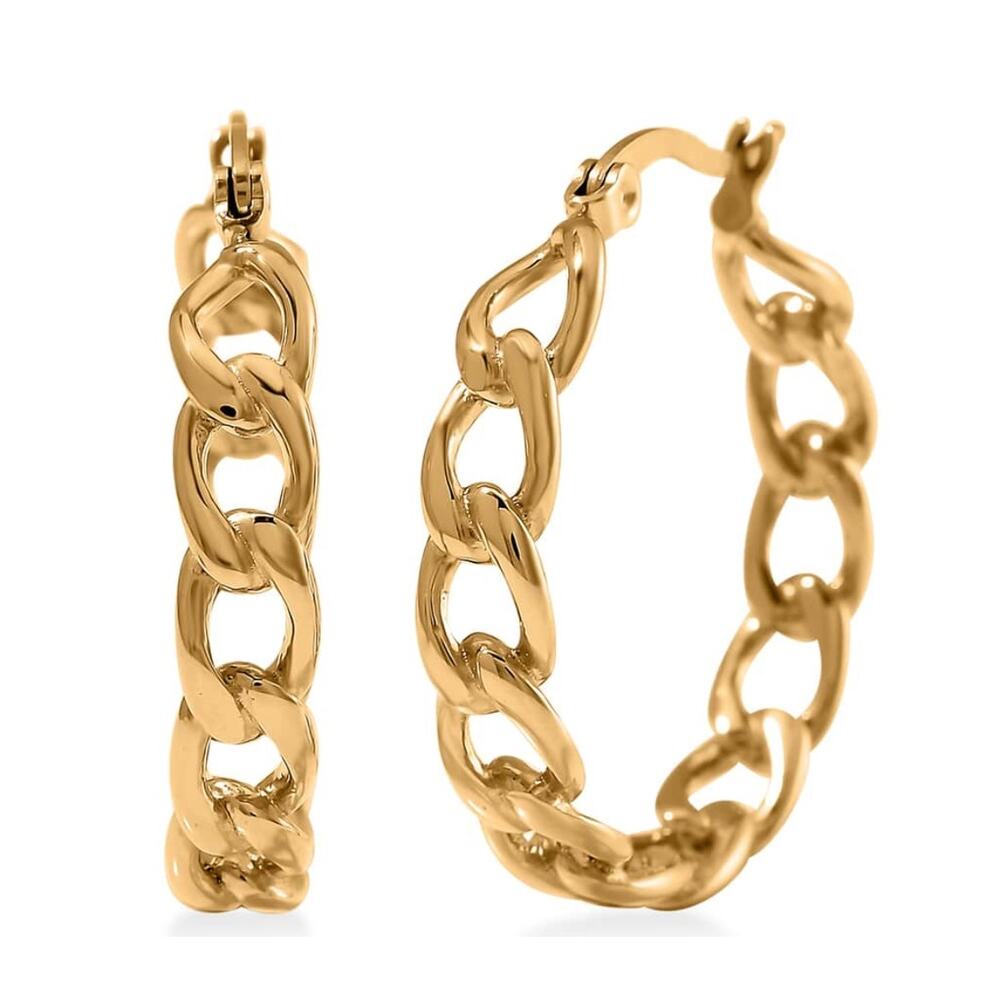 Cuban Chain Hoop Earrings ION Played Yellow Gold over Stainless Steel 1.25” L